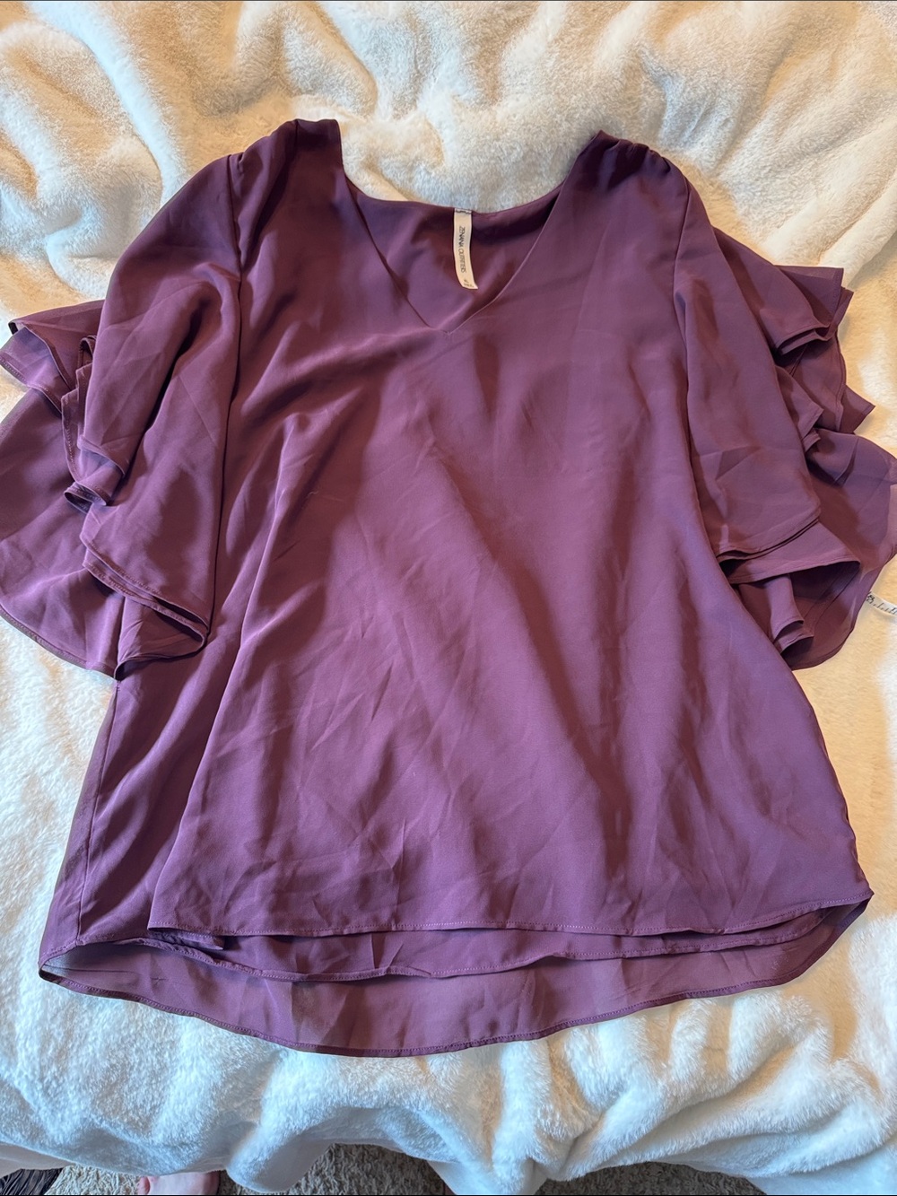 Zenana Outfitters Plum Ruffle Sleeve V-Neck Blouse